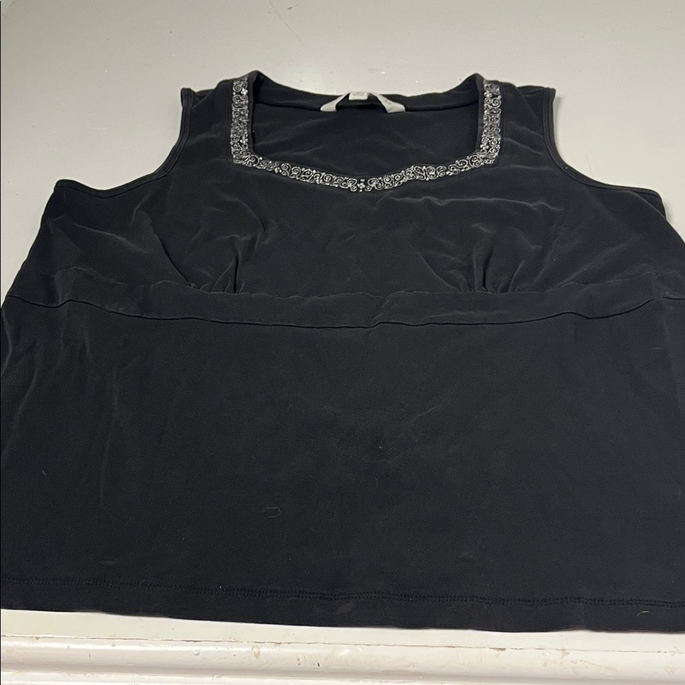 Tommy Hilfiger 2X Black Square Neck Sleeveless Silver Blouse